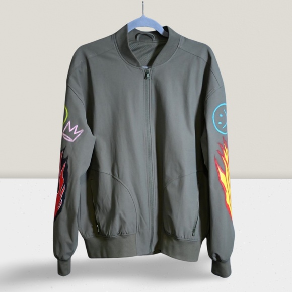 Hand-Painted Army Green Bomber Jacket - Picture 1 of 5